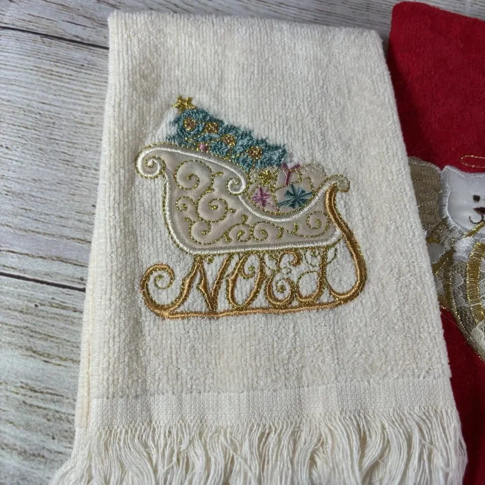 Vintage Christmas Hand Towels Lot 3 Embroidered Fringe Snowman Sleigh 11x16
